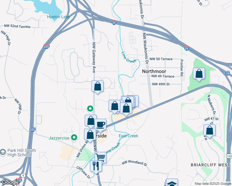 map of restaurants, bars, coffee shops, grocery stores, and more near 4833 Northwest Homestead Road in Riverside