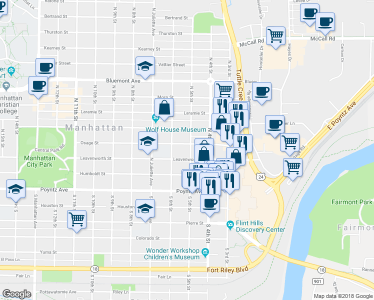 map of restaurants, bars, coffee shops, grocery stores, and more near 511 Leavenworth Street in Manhattan