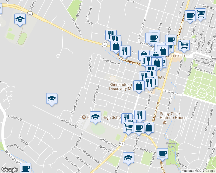 map of restaurants, bars, coffee shops, grocery stores, and more near 326 West Cecil Street in Winchester