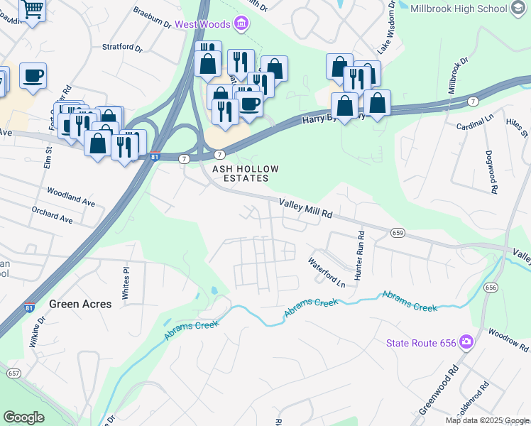 map of restaurants, bars, coffee shops, grocery stores, and more near 157 Brookland Terrace in Winchester