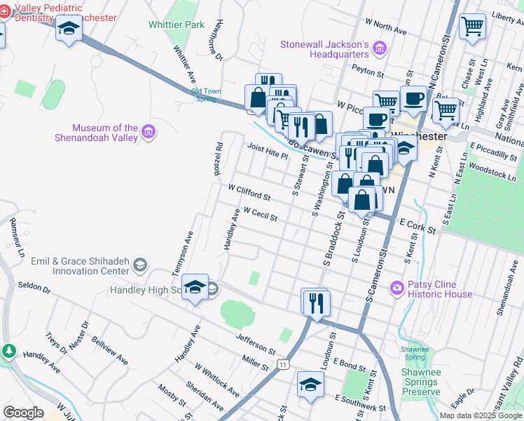 map of restaurants, bars, coffee shops, grocery stores, and more near 326 West Cecil Street in Winchester
