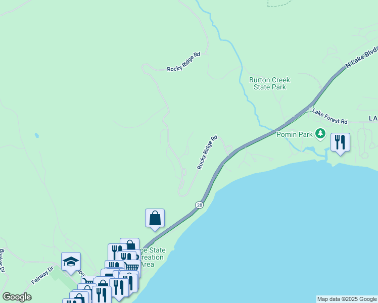 map of restaurants, bars, coffee shops, grocery stores, and more near Paint Brush Point in Tahoe City