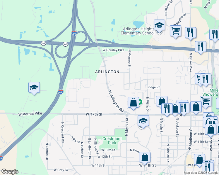 map of restaurants, bars, coffee shops, grocery stores, and more near 1504-1516 Arlington Road in Bloomington