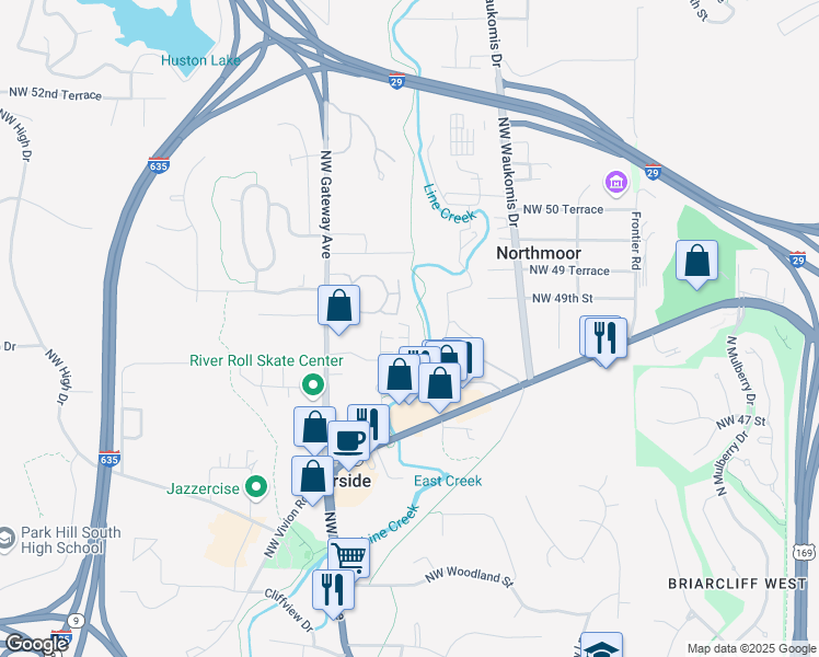 map of restaurants, bars, coffee shops, grocery stores, and more near 4853 Northwest Homestead Terrace in Riverside