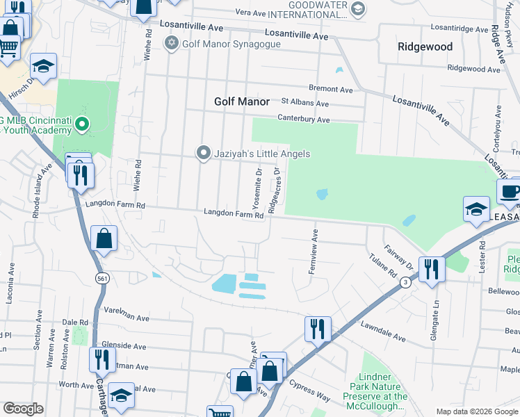 map of restaurants, bars, coffee shops, grocery stores, and more near 2424 Langdon Farm Road in Cincinnati