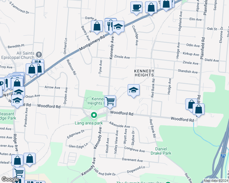 map of restaurants, bars, coffee shops, grocery stores, and more near 3638 Northdale Place in Cincinnati