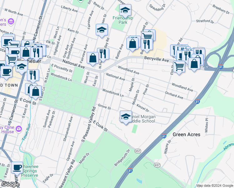 map of restaurants, bars, coffee shops, grocery stores, and more near 690 Woodstock Lane in Winchester
