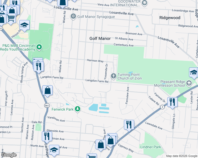 map of restaurants, bars, coffee shops, grocery stores, and more near 2363 Langdon Farm Road in Cincinnati