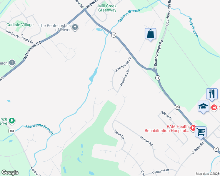 map of restaurants, bars, coffee shops, grocery stores, and more near 7 Gregory Court in Dover