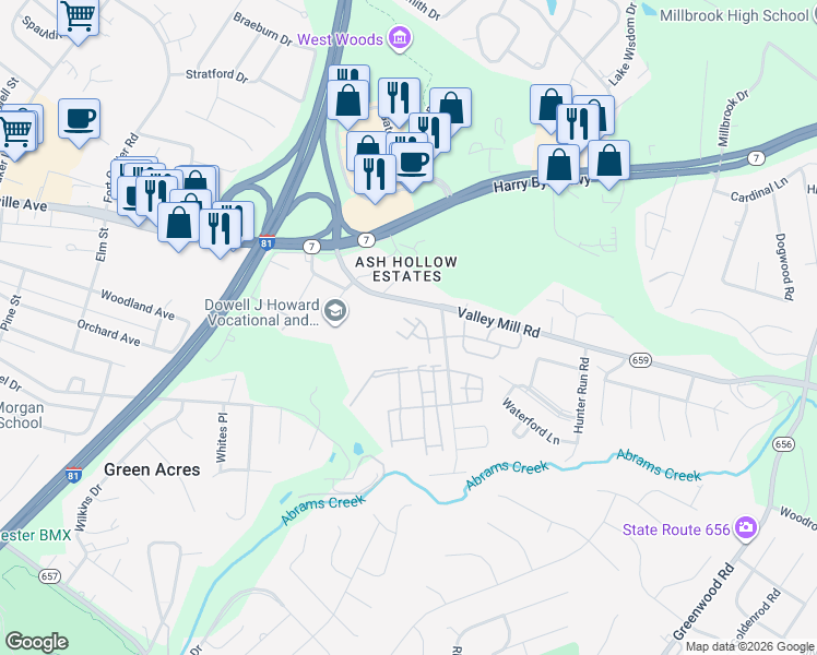 map of restaurants, bars, coffee shops, grocery stores, and more near 129 Brookland Terrace in Winchester