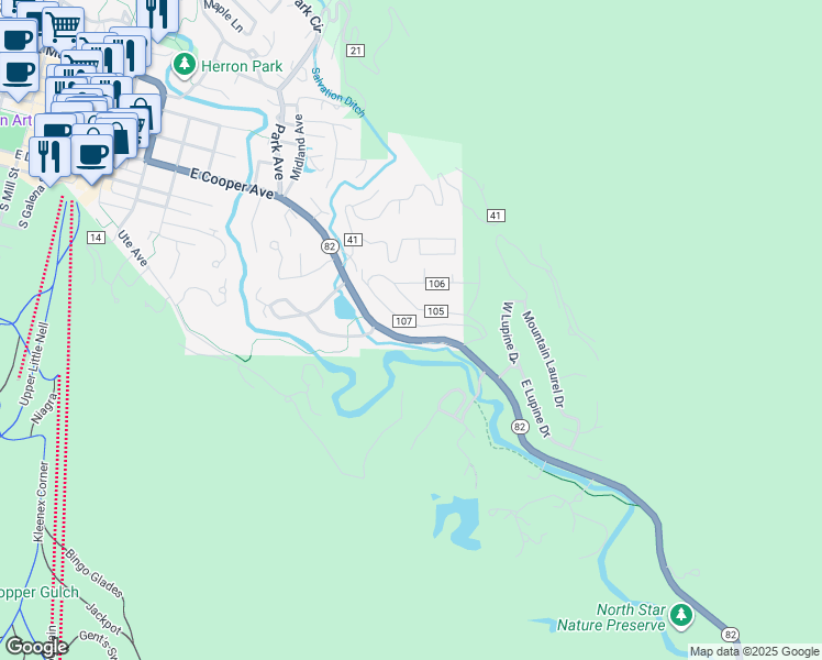 map of restaurants, bars, coffee shops, grocery stores, and more near 42302 Colorado 82 in Aspen