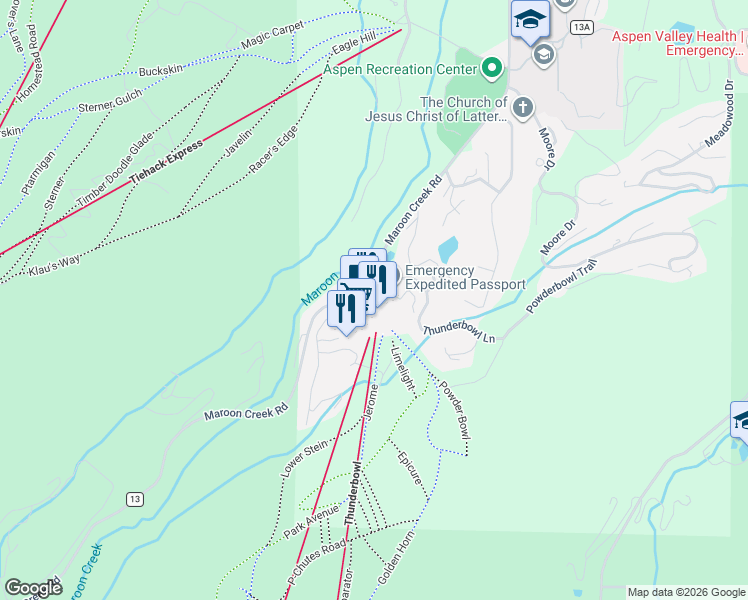 map of restaurants, bars, coffee shops, grocery stores, and more near 133 Prospector Road in Aspen