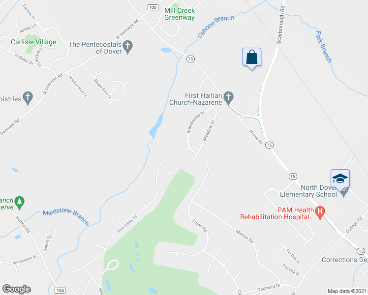 map of restaurants, bars, coffee shops, grocery stores, and more near 7 Gregory Court in Dover