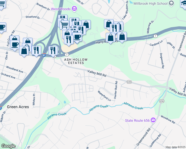 map of restaurants, bars, coffee shops, grocery stores, and more near 136 Brookland Court in Winchester