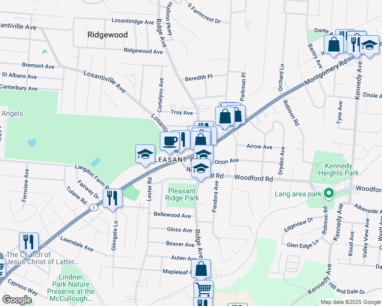 map of restaurants, bars, coffee shops, grocery stores, and more near 6019 Ridge Avenue in Cincinnati