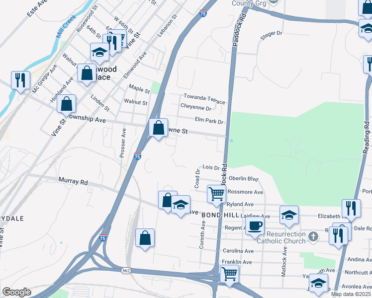 map of restaurants, bars, coffee shops, grocery stores, and more near 1100 Lois Drive in Cincinnati