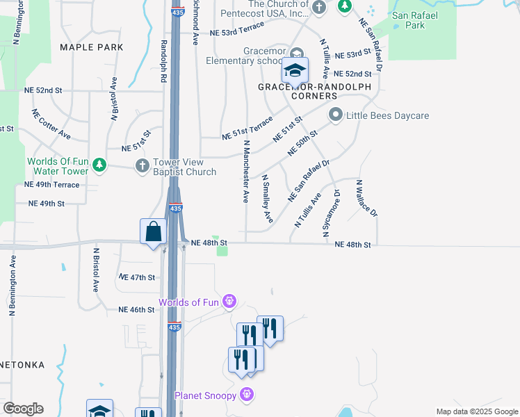 map of restaurants, bars, coffee shops, grocery stores, and more near 4831 North Manchester Avenue in Kansas City