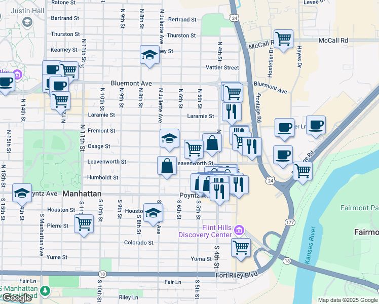 map of restaurants, bars, coffee shops, grocery stores, and more near 511 Leavenworth Street in Manhattan