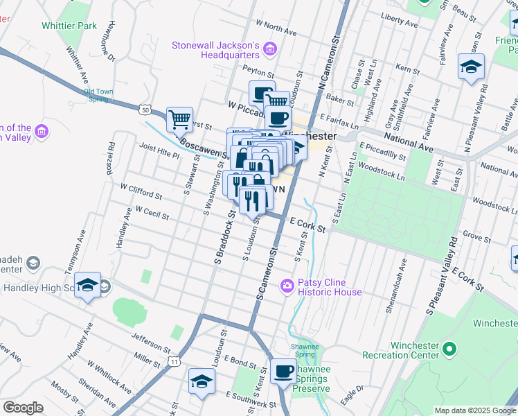 map of restaurants, bars, coffee shops, grocery stores, and more near 224 South Loudoun Street in Winchester