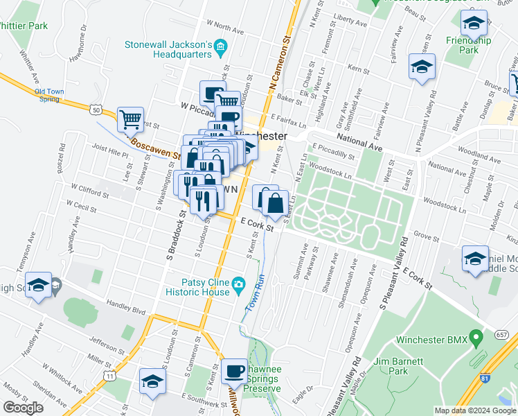 map of restaurants, bars, coffee shops, grocery stores, and more near 109 South Kent Street in Winchester