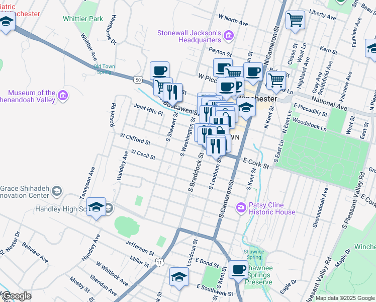 map of restaurants, bars, coffee shops, grocery stores, and more near 212 South Washington Street in Winchester