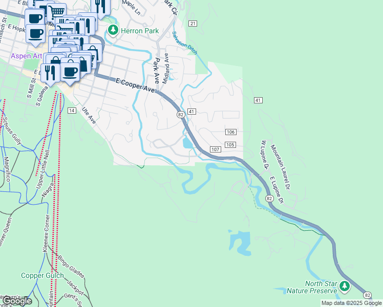map of restaurants, bars, coffee shops, grocery stores, and more near 1439 Crystal Lake Road in Aspen