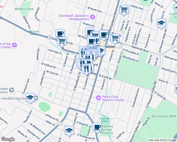 map of restaurants, bars, coffee shops, grocery stores, and more near 4 West Cork Street in Winchester