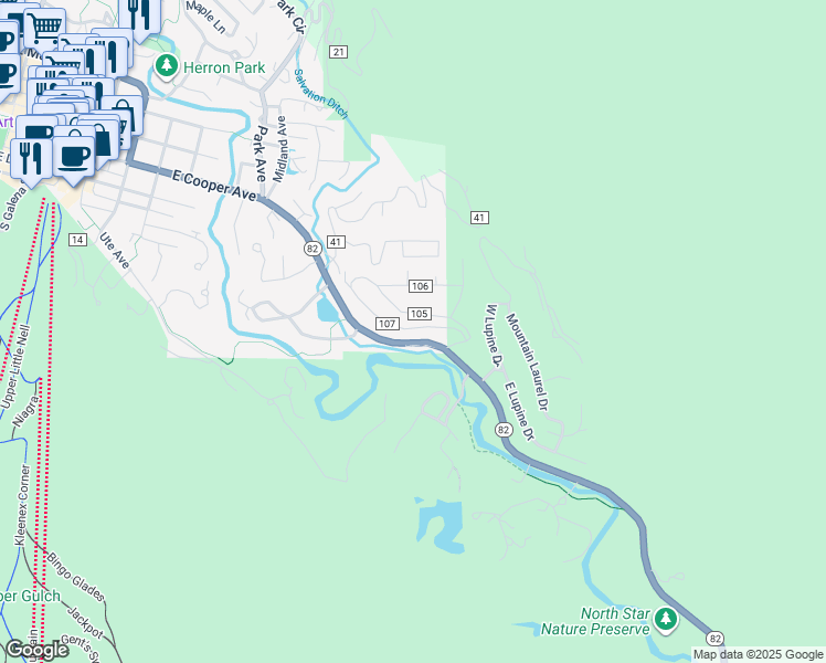 map of restaurants, bars, coffee shops, grocery stores, and more near 42302 Colorado 82 in Aspen
