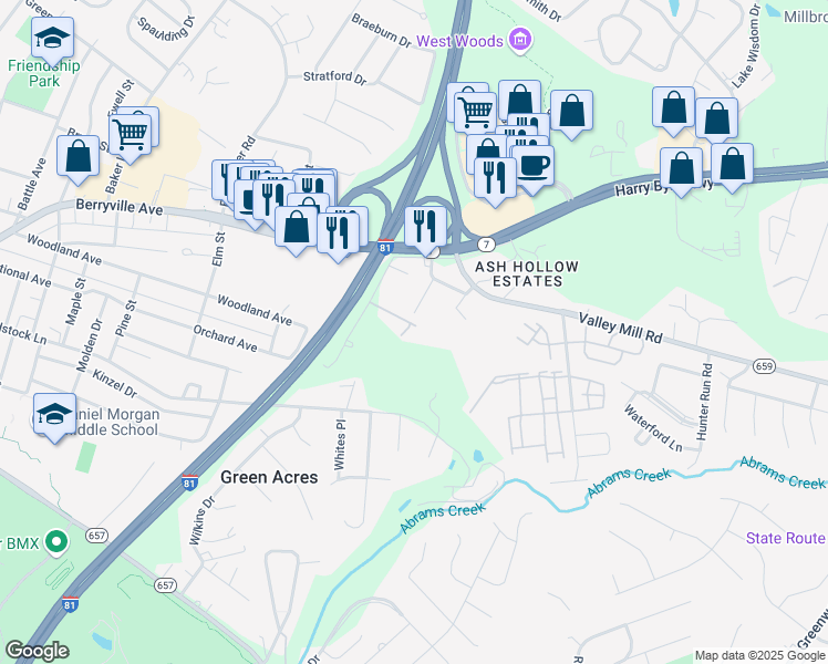 map of restaurants, bars, coffee shops, grocery stores, and more near 205 Eastside Lane in Winchester