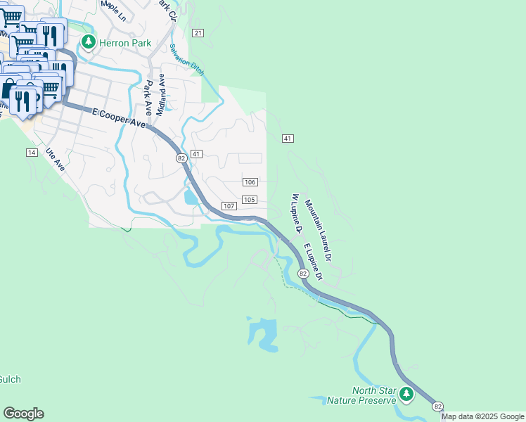 map of restaurants, bars, coffee shops, grocery stores, and more near 42426 Colorado 82 in Aspen