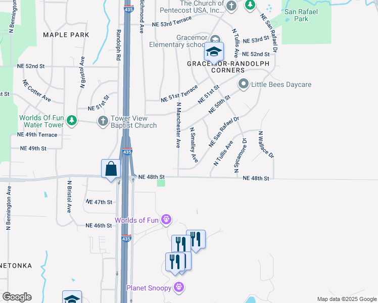 map of restaurants, bars, coffee shops, grocery stores, and more near 4831 North Manchester Avenue in Kansas City