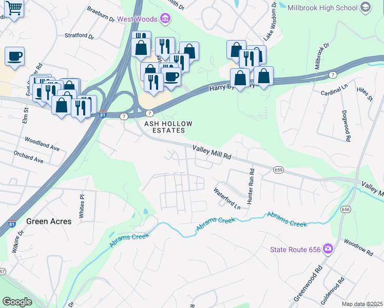 map of restaurants, bars, coffee shops, grocery stores, and more near 121 Brookland Court in Winchester