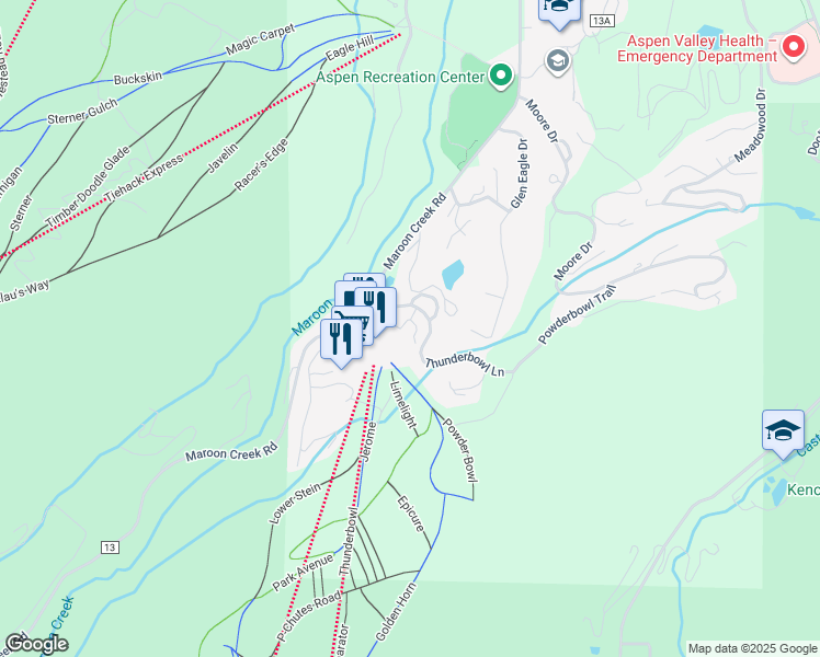 map of restaurants, bars, coffee shops, grocery stores, and more near 117 Thunderbowl Lane in Aspen