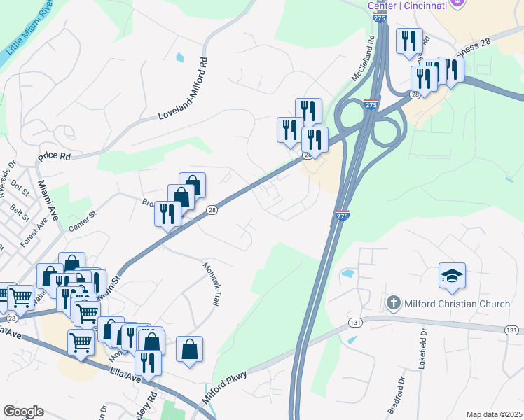 map of restaurants, bars, coffee shops, grocery stores, and more near 101 Castleberry Court in Milford