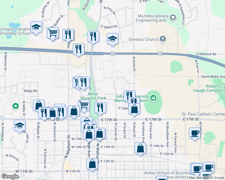 map of restaurants, bars, coffee shops, grocery stores, and more near 1766 North Washington Street in Bloomington