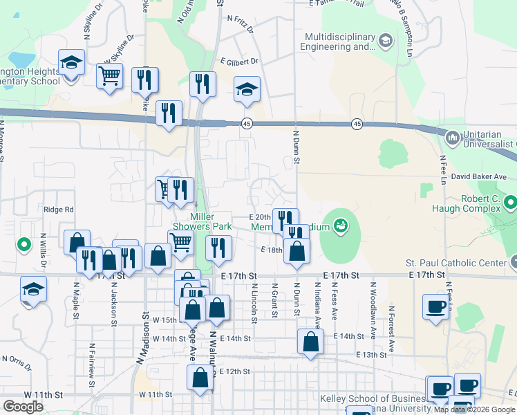 map of restaurants, bars, coffee shops, grocery stores, and more near 210 East Varsity Lane in Bloomington