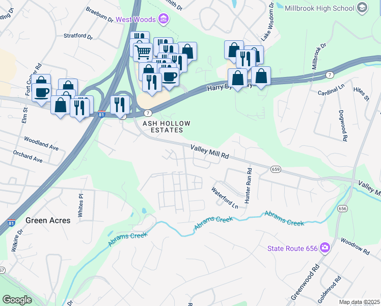 map of restaurants, bars, coffee shops, grocery stores, and more near 121 Brookland Court in Winchester