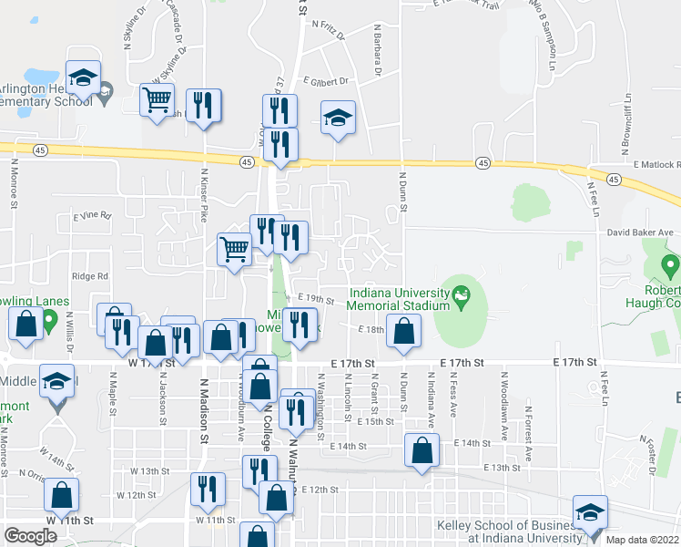 map of restaurants, bars, coffee shops, grocery stores, and more near 1707 North Lincoln Street in Bloomington