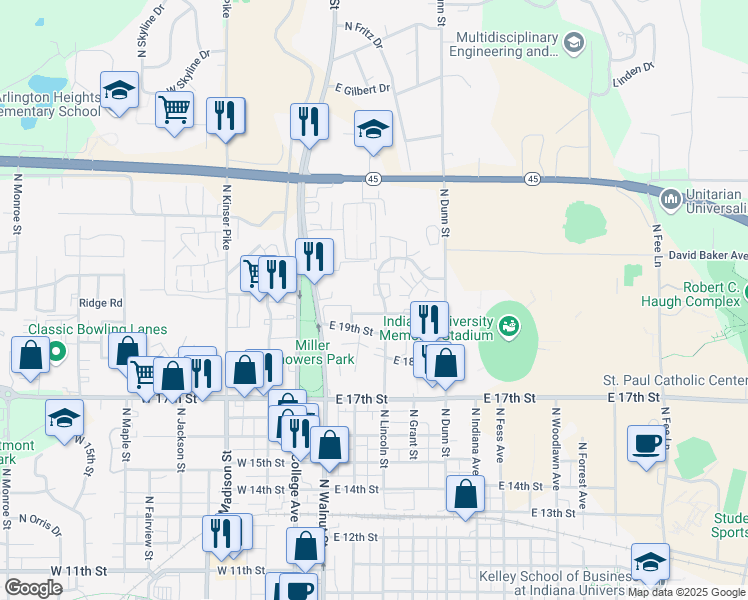 map of restaurants, bars, coffee shops, grocery stores, and more near 1709 North Lincoln Street in Bloomington