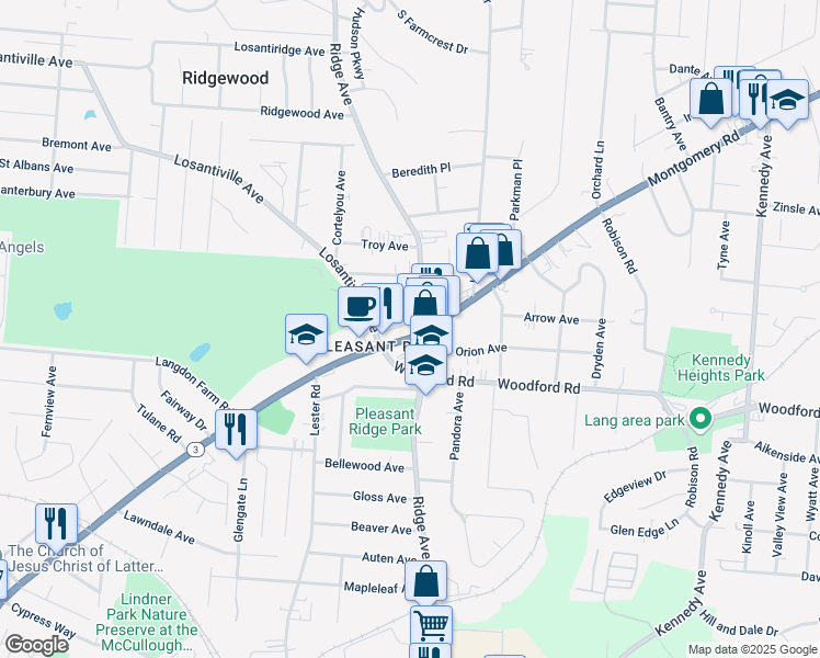 map of restaurants, bars, coffee shops, grocery stores, and more near 6125 Ridge Avenue in Cincinnati