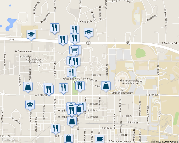 map of restaurants, bars, coffee shops, grocery stores, and more near 1766 North Washington Street in Bloomington