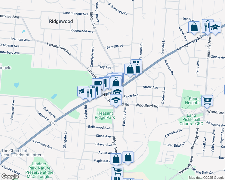 map of restaurants, bars, coffee shops, grocery stores, and more near 6125 Ridge Avenue in Cincinnati
