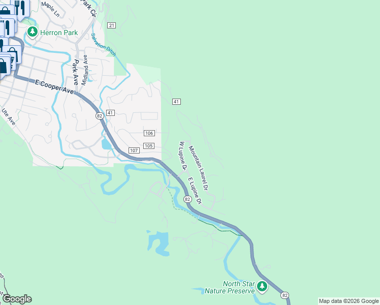 map of restaurants, bars, coffee shops, grocery stores, and more near 348 Mountain Laurel Drive in Aspen