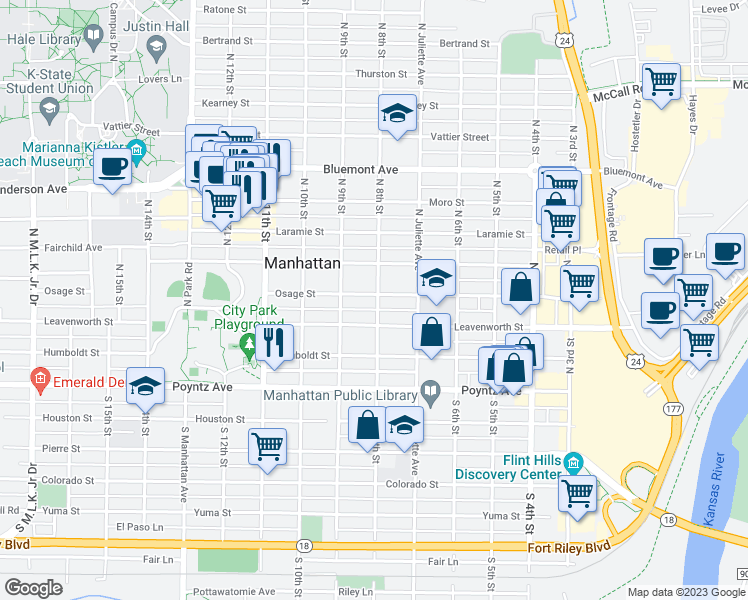 map of restaurants, bars, coffee shops, grocery stores, and more near 801 Osage Street in Manhattan