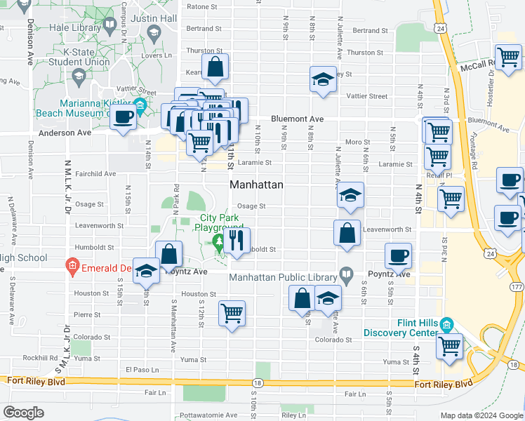 map of restaurants, bars, coffee shops, grocery stores, and more near 925 Osage Street in Manhattan