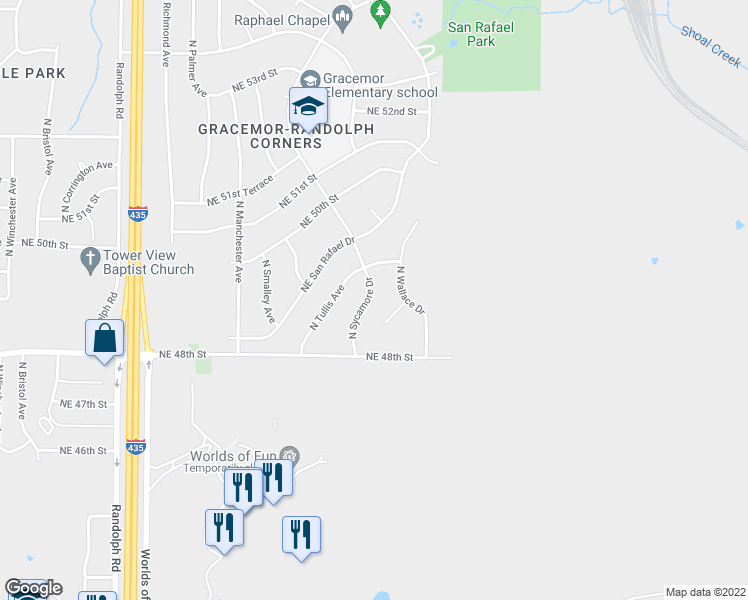 map of restaurants, bars, coffee shops, grocery stores, and more near 4825 North Sycamore Drive in Kansas City