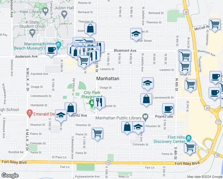 map of restaurants, bars, coffee shops, grocery stores, and more near 923 Osage Street in Manhattan