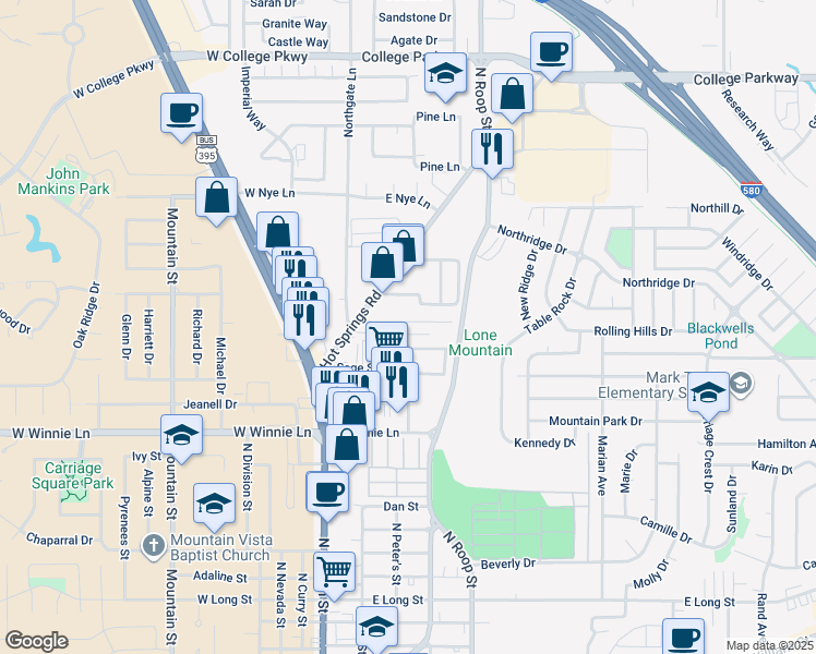 map of restaurants, bars, coffee shops, grocery stores, and more near 493 Hot Springs Road in Carson City