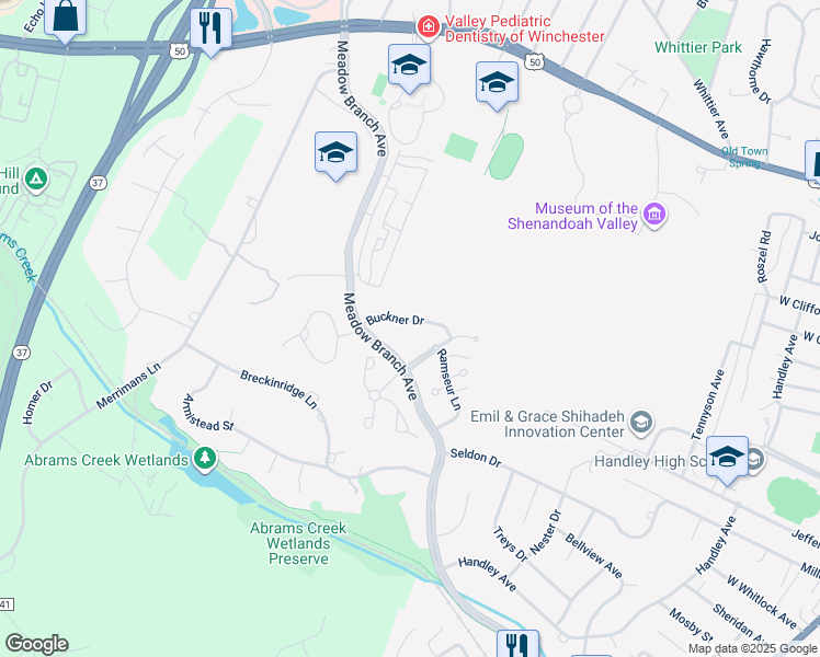 map of restaurants, bars, coffee shops, grocery stores, and more near 831 Buckner Drive in Winchester