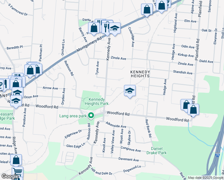 map of restaurants, bars, coffee shops, grocery stores, and more near 6128 Kennedy Avenue in Cincinnati